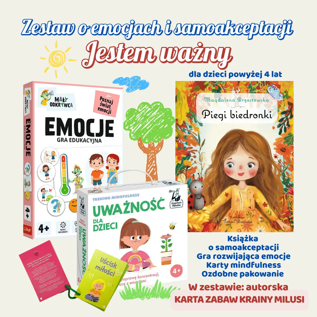 Zestaw Jestem ważna – emocje i samoakceptacja dla dziecka 4+ książka gra karty mindfulness