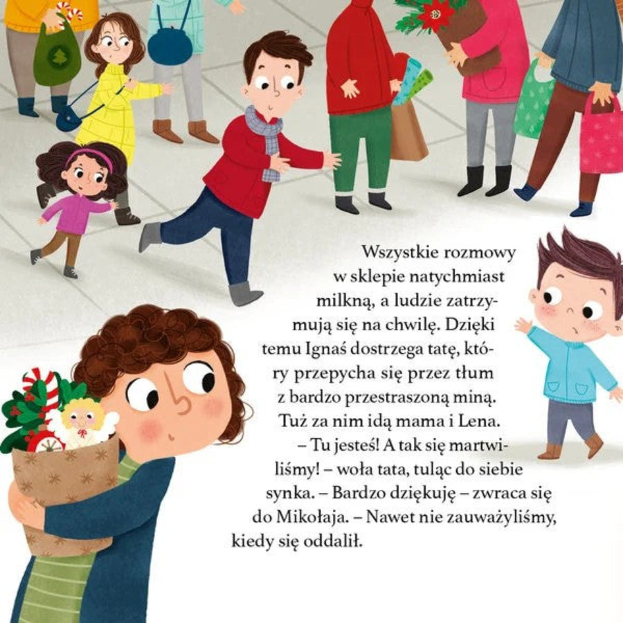 Lena i Ignaś podczas świątecznych zakupów – ilustracja z książki Święta z serii Krok po kroku.