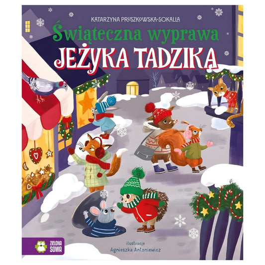 Książka Świąteczna wyprawa Jeżyka Tadzika w twardej oprawie, widok z przodu, zimowa ilustracja z jeżami w otoczeniu śniegu.