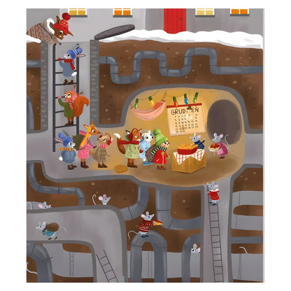 Ilustracja z wnętrza książki: Tadzik i zwierzątka wchodzą do tunelu.