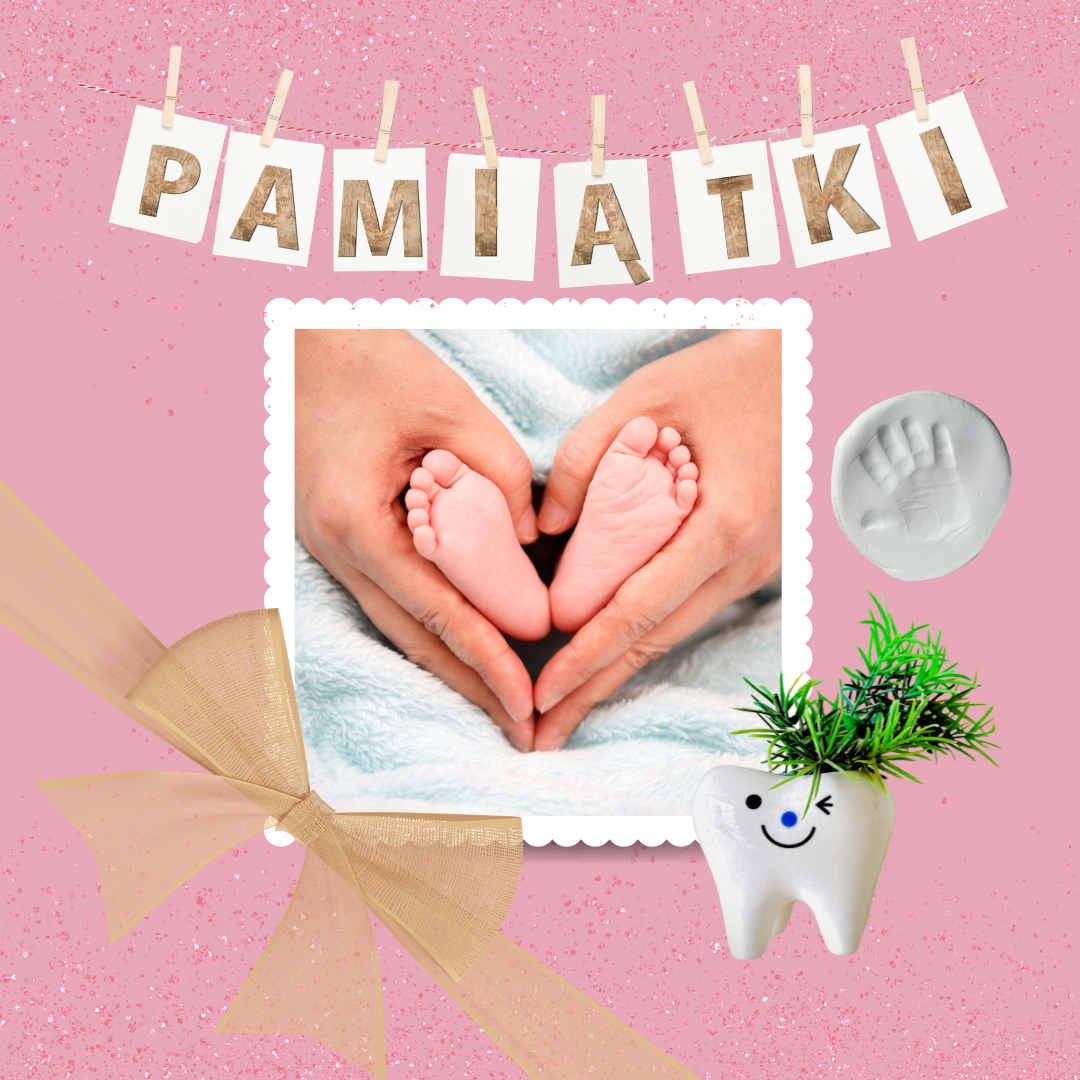 Grafika do kolekcji "Pamiątki Dzieciństwa". Na górze napis, poniżej fotografia przedstawiająca stópki dziecięce.