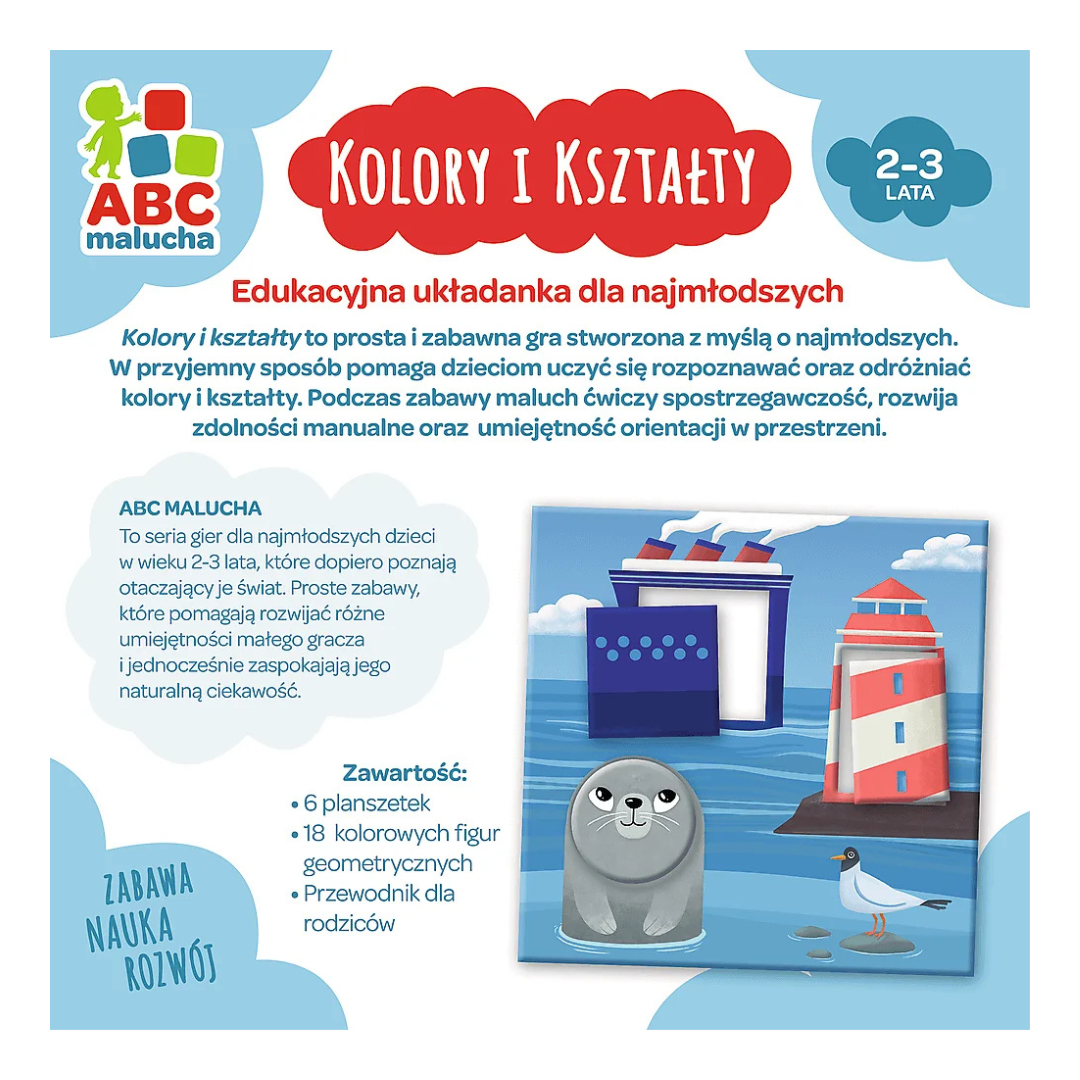 Tył okładki układanki edukacyjnej "Kolory i Kształty" od firmy Trefl.