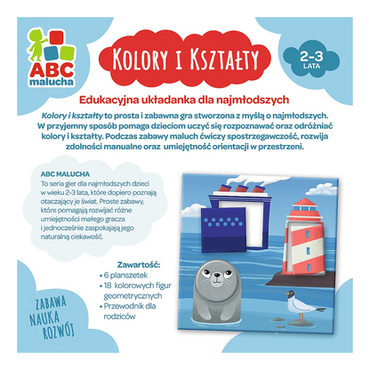Tył okładki układanki edukacyjnej "Kolory i Kształty" od firmy Trefl.