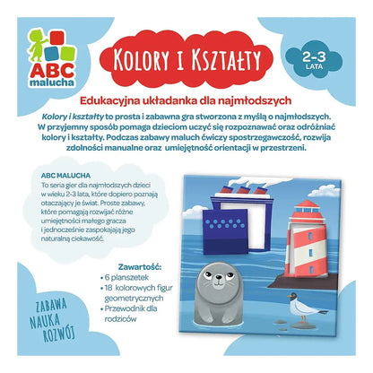 Tył okładki układanki edukacyjnej "Kolory i Kształty" od firmy Trefl.