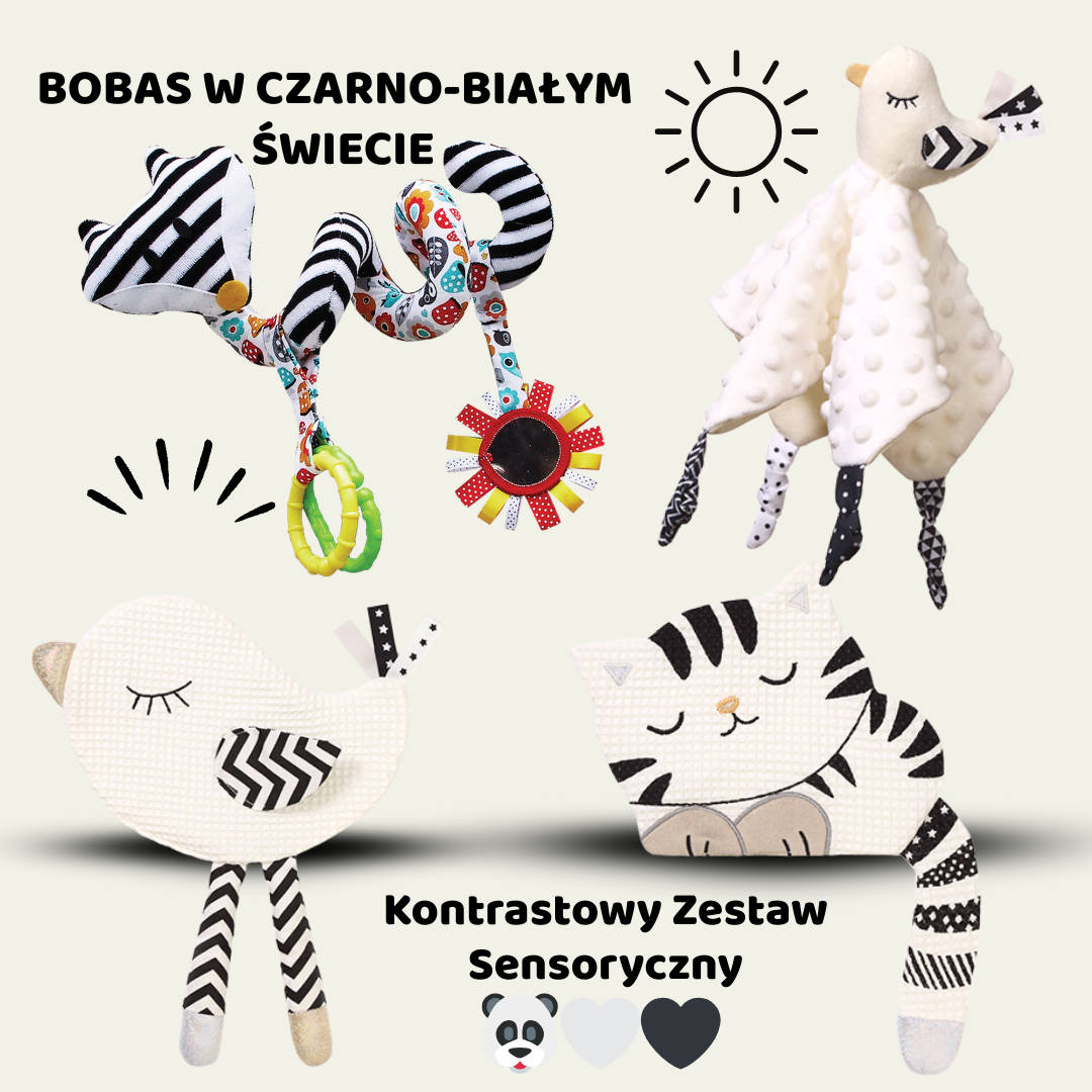Przykładowy zestaw upominkowy "Bobas w czarno-białym świecie". Na górze po lewej napis, poniżej produkty.