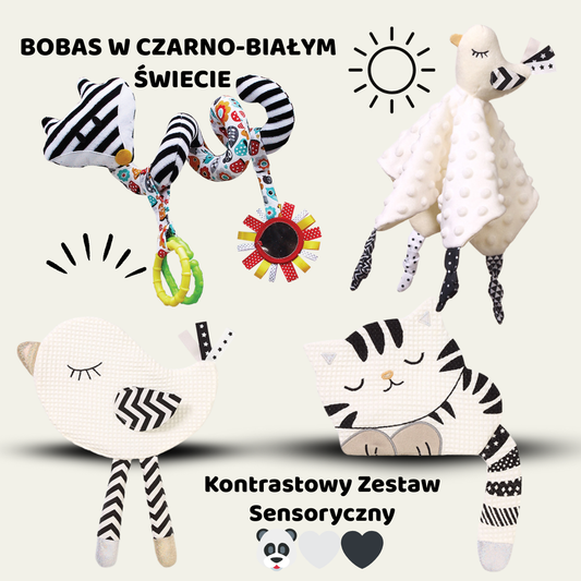 Przykładowy zestaw upominkowy "Bobas w czarno-białym świecie". Na górze po lewej napis, poniżej produkty.