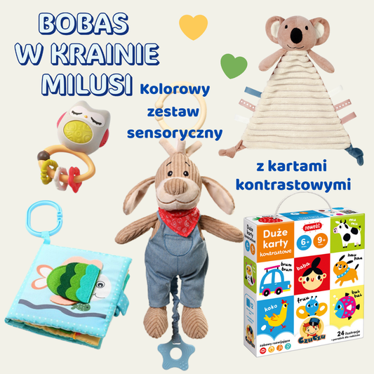 Zdjęcie promujące zestaw "Bobas w Krainie Milusi". Na zdjęciu napisy i produkty.
