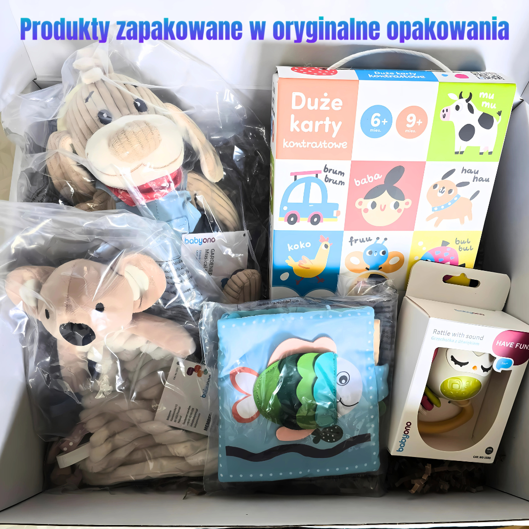 Przykładowy zestaw upominkowy. Na górze napis, poniżej produkty.