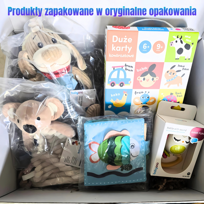 Przykładowy zestaw upominkowy. Na górze napis, poniżej produkty.