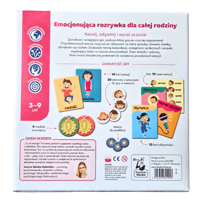 Tył opakowania "Co za emocje!" Gra edukacyjna od Kapitana Nauki.