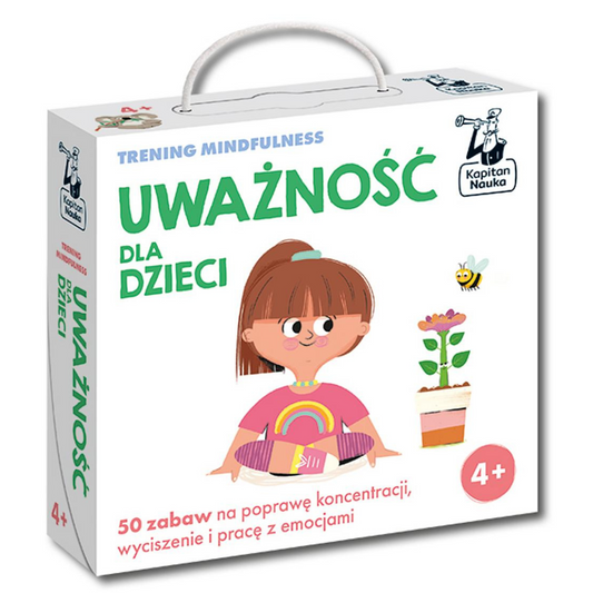Opakowanie "Uważność dla dzieci" widziane z przodu: kolorowa ilustracja przedstawia dziewczynkę. Na środku u góry - duży zielony napis  - tytuł.