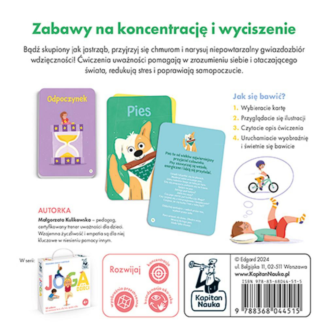 Tylna strona opakowania "Uważność dla dzieci" – opis zawartości i przykładowe ćwiczenia mindfulness dla najmłodszych.
