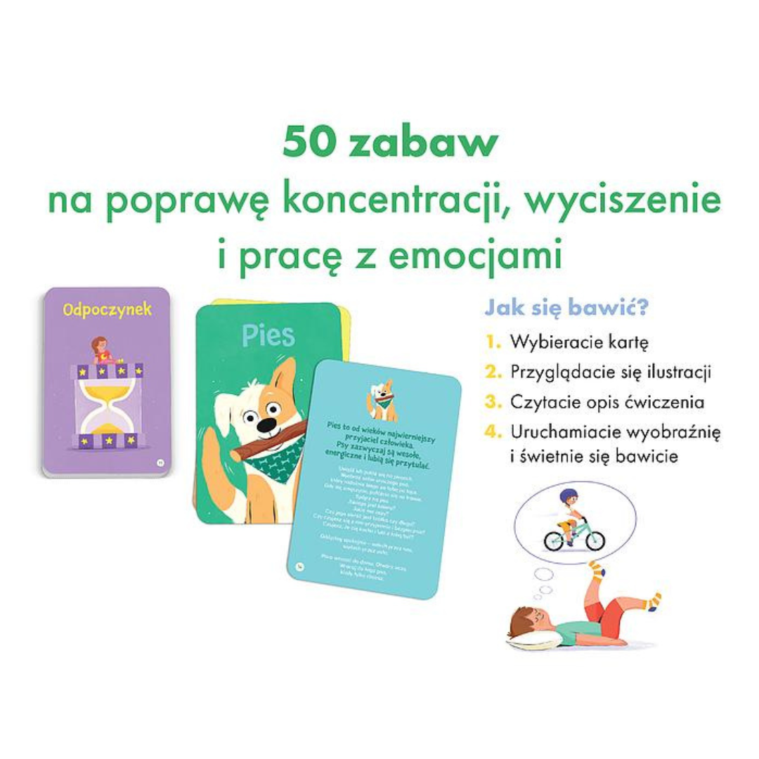 Powiększenie spodu opakowania  "Uważność dla dzieci" – opis możliwości zabawy dla najmłodszych.