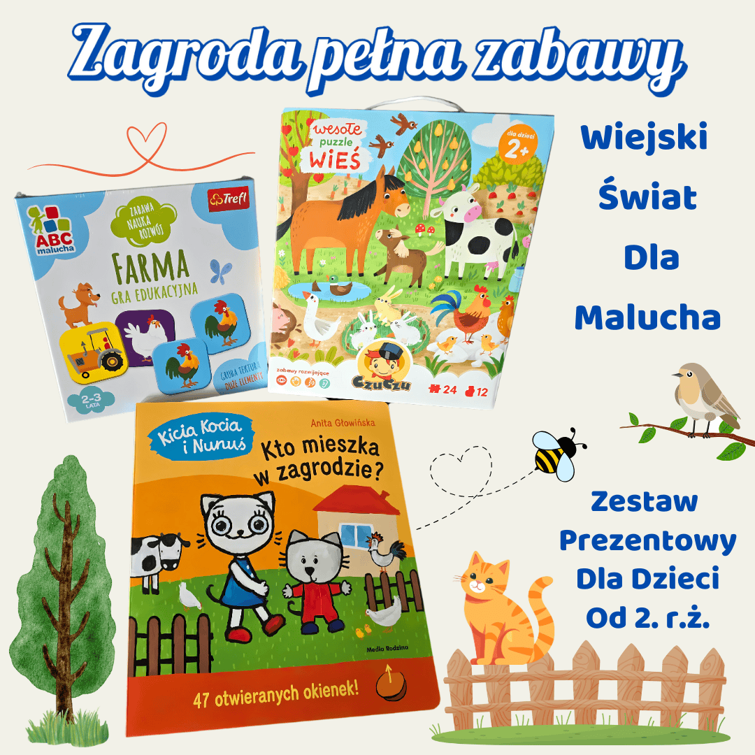 Zdjęcie promujące zestaw "Zagroda pełna zabawy - wiejski świat dla malucha - zestaw prezentowy dla dzieci od 2. roku życia" - Kraina Milusi.