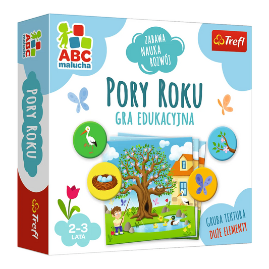 Okładka gry edukacyjnej dla najmłodszych "Pory Roku" od firmy Trefl.