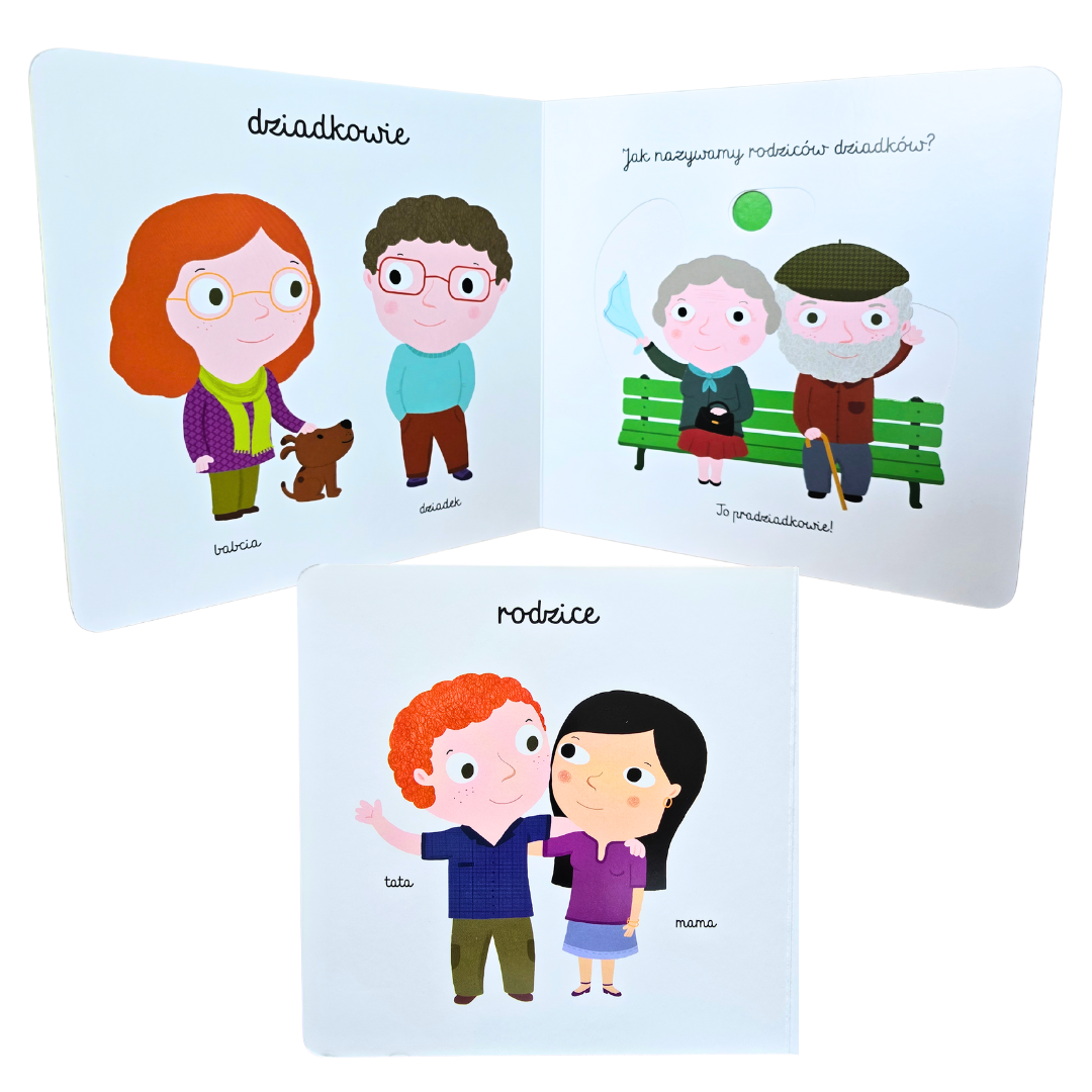 Widoczne trzy ilustracje z książki pt. "Rodzina". Na dwóch znajdują się się dziadkowie a na jednej rodzice.