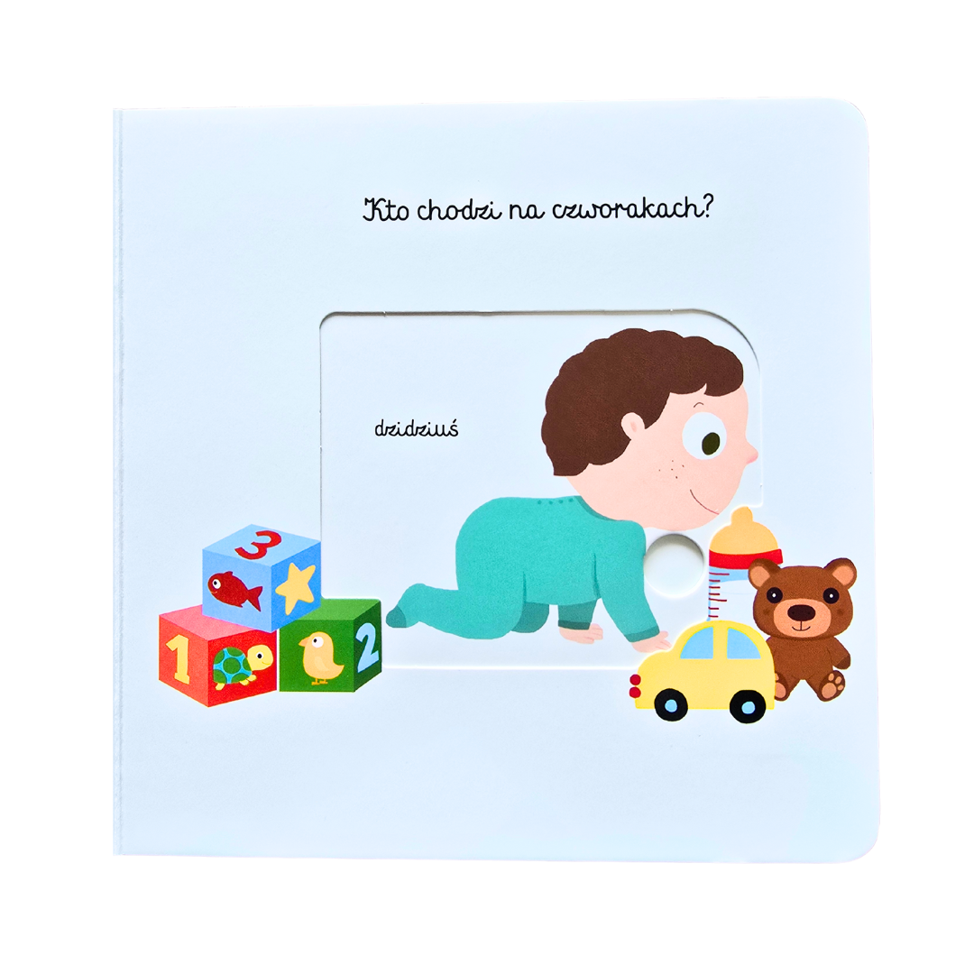Jedna strona książki pt. "Rodzina". Ilustracja przedstawia małe raczkujące dziecko w otoczeniu zabawek.