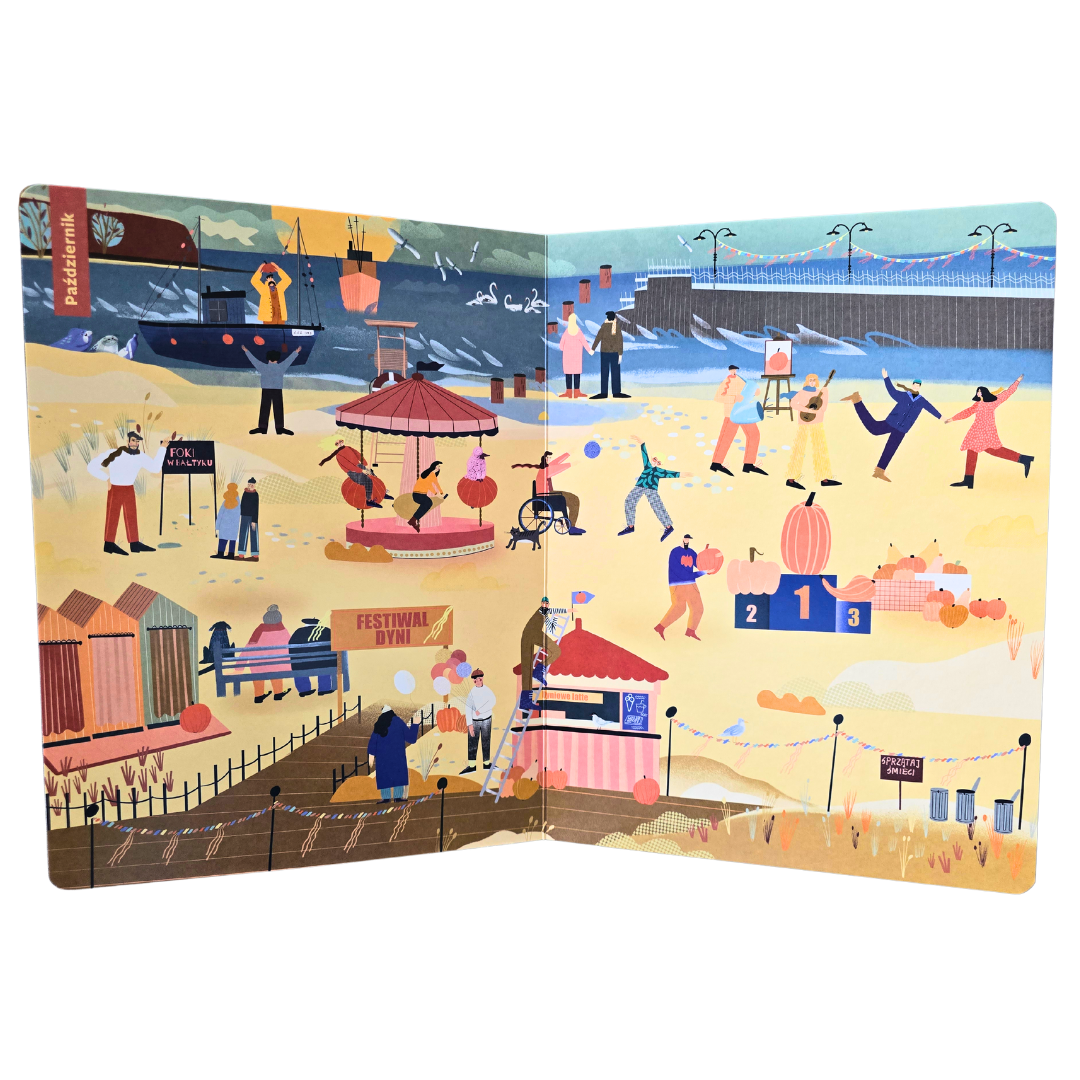 Ilustracja plaży w miesiącu październiku. Widoczni ludzie podczas różnych aktywności oraz morze w tle.