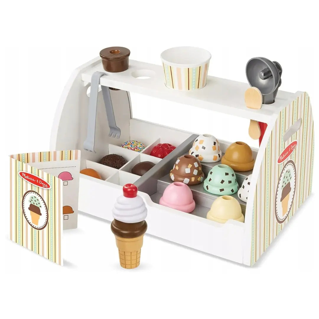 Duża drewniana lodziarnia Melissa &amp; Doug z kolorowymi gałkami lodów i dodatkami.