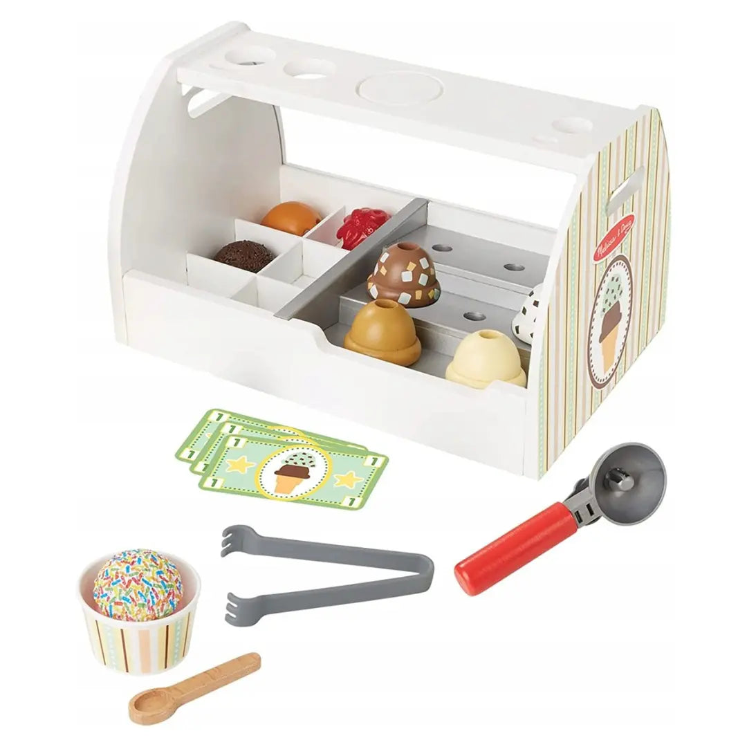 Duża drewniana lodziarnia Melissa & Doug z wafelkami, kubeczkiem i akcesoriami.