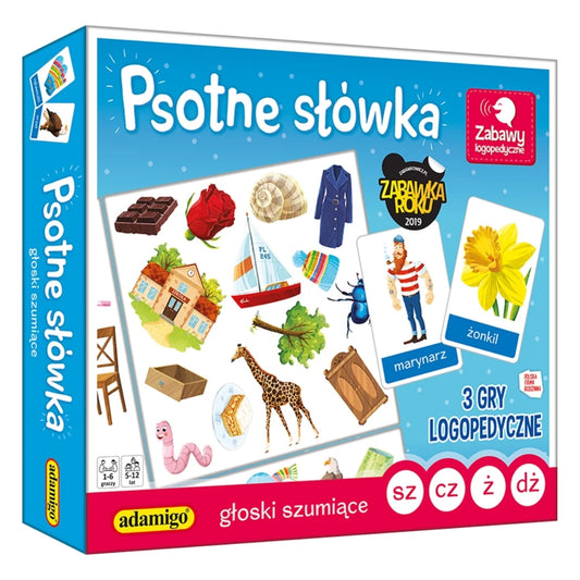 "Psotne słówka – głoski szumiące sz, cz, ż, dż" gra logopedyczna od Adamigo - przód opakowania.
