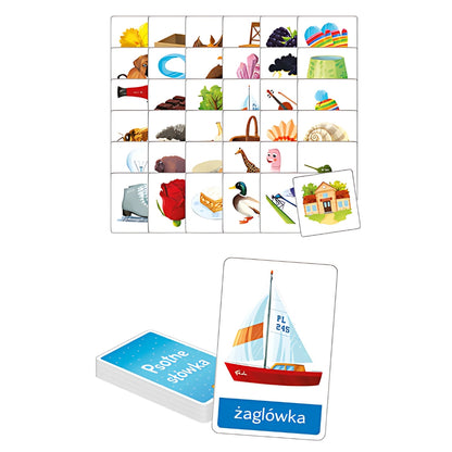 "Psotne słówka – głoski szumiące sz, cz, ż, dż" gra logopedyczna od Adamigo - zawartość opakowania.