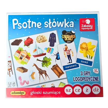 "Psotne słówka – głoski szumiące sz, cz, ż, dż" gra logopedyczna od Adamigo - przód opakowania.