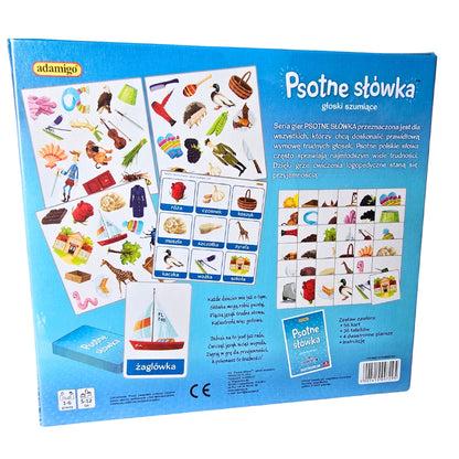 "Psotne słówka – głoski szumiące sz, cz, ż, dż" gra logopedyczna od Adamigo - tył opakowania.