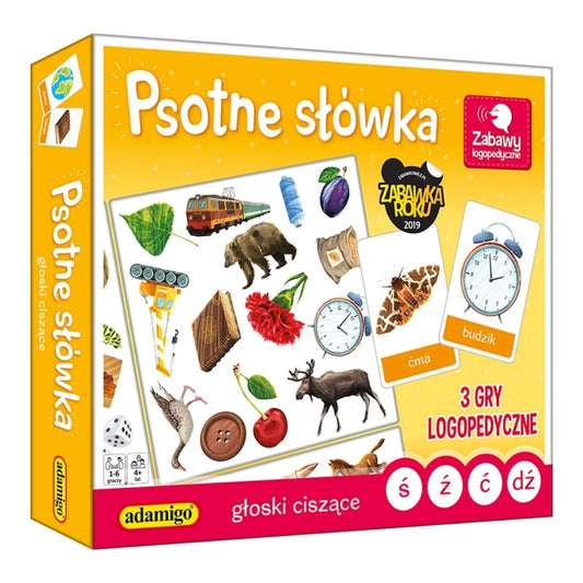 "Psotne słówka - głoski ciszące ś, ź, ć, dź" gra logopedyczna od Adamigo - przód opakowania.