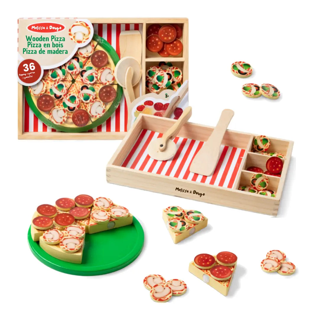 Drewniana Pizza Party Melissa & Doug zestaw do krojenia z 45 elementami.