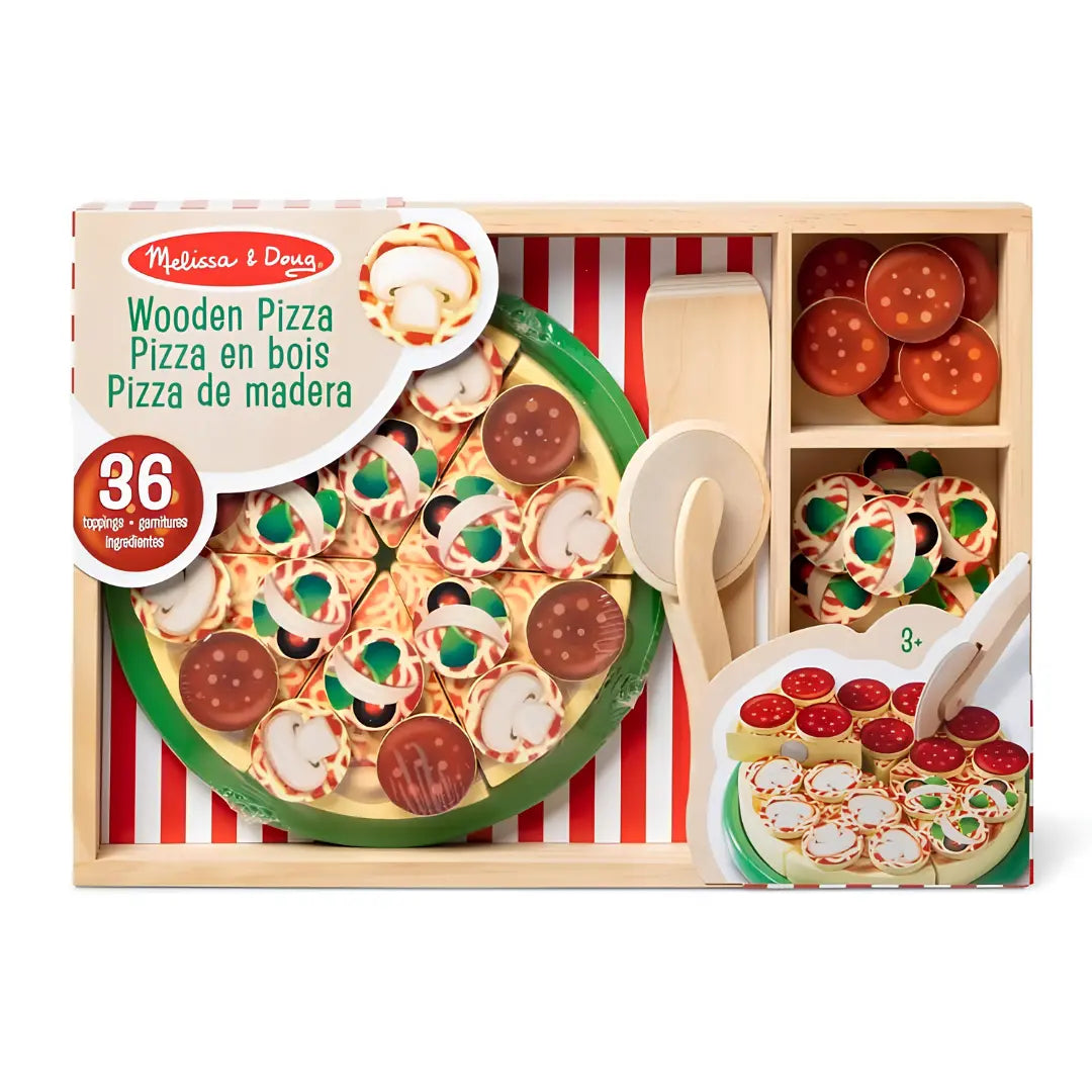 Drewniana Pizza Party Melissa & Doug z drewnianym nożem do krojenia pizzy.