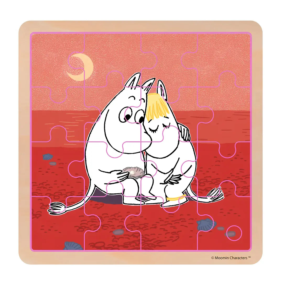 Muminki „Troska” – drewniane puzzle 16 elementowe od marki Barbo Toys 2+ – ułożona ilustracja z bohaterami Doliny Muminków.