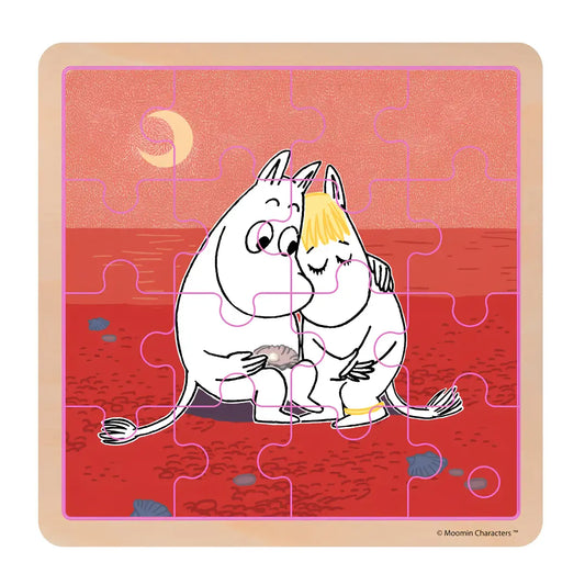 Muminki „Troska” – drewniane puzzle 16 elementowe od marki Barbo Toys 2+ – ułożona ilustracja z bohaterami Doliny Muminków.