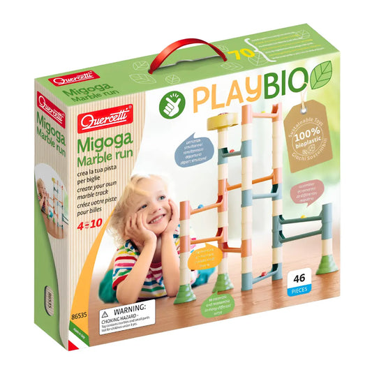 Tor kulkowy PlayBio Migoga Marble Run Quercetti z kolorowymi elementami konstrukcyjnymi.