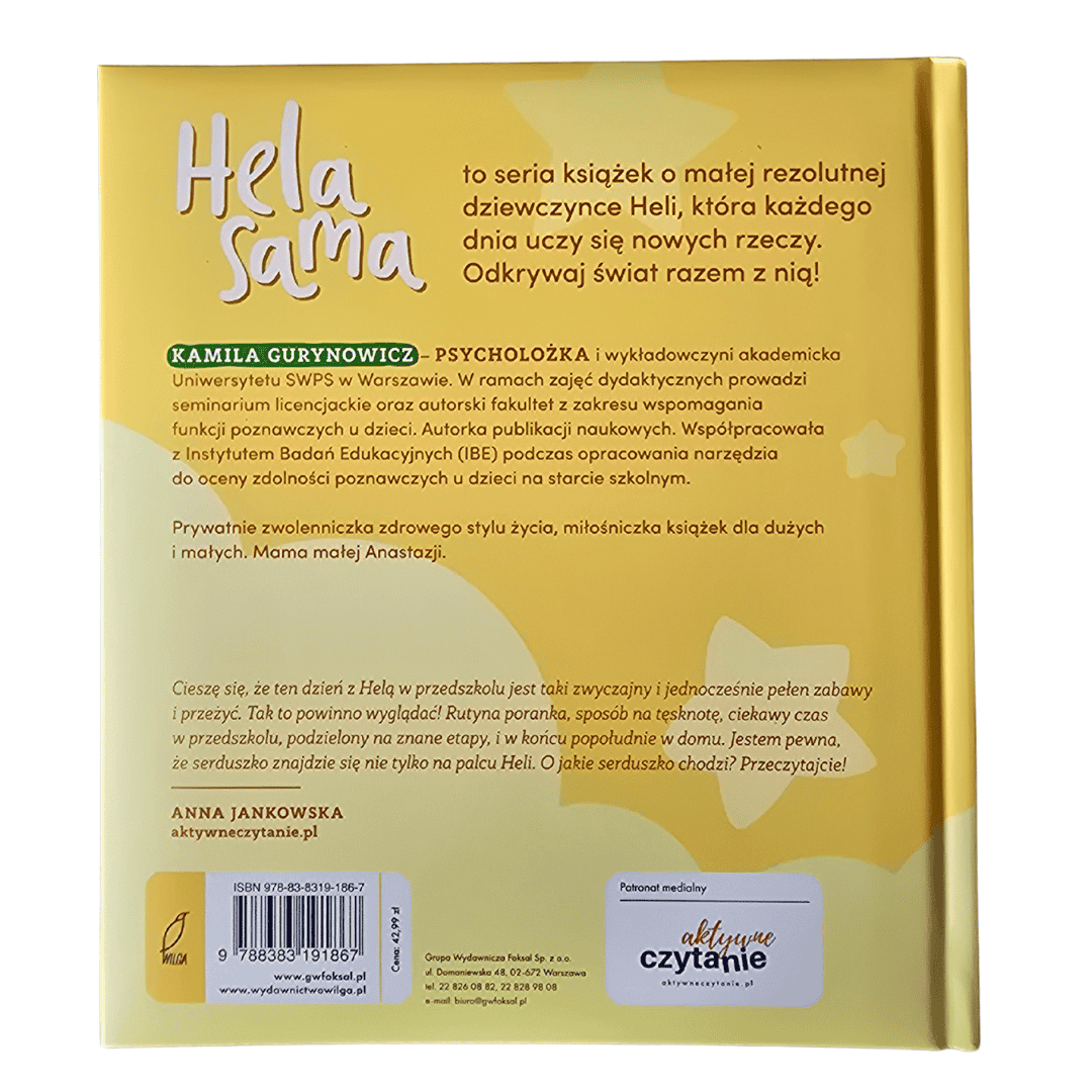 Tył okładki książki "Hela sama idzie do przedszkola" od Wydawnictwa Wilga.