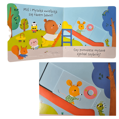 Karty z ilustracjami książki "Miś i Myszka w żłobku" od Wydawnictwa Wilga.