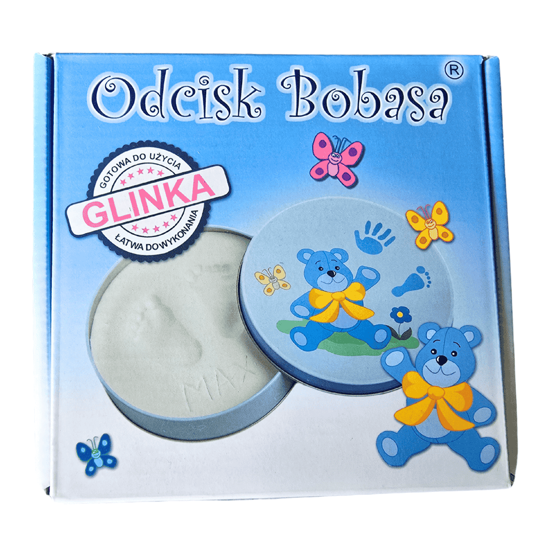 Opakowanie "Odcisk Bobasa" Puszka z glinką w opcji niebieskiej od Opera-Tech.