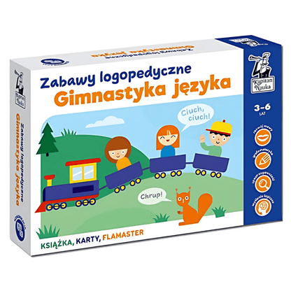 Przód opakowania "Gimnastyka języka" Zabawy Logopedyczne od Kapitana Nauki.