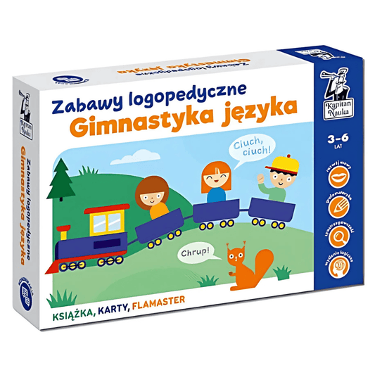 Przód opakowania "Gimnastyka języka" Zabawy Logopedyczne od Kapitana Nauki.