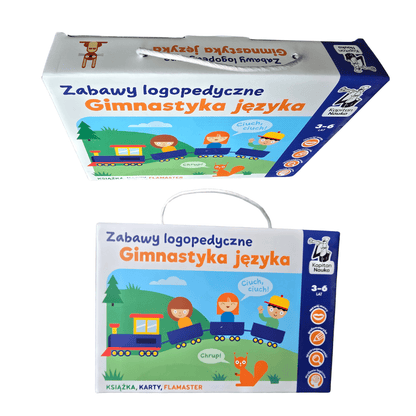 Przód opakowania "Gimnastyka języka" Zabawy Logopedyczne od Kapitana Nauki.