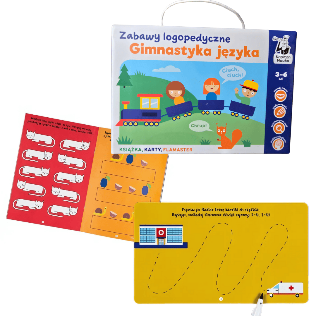 Przód opakowania  oraz zawartość "Gimnastyka języka" Zabawy Logopedyczne od Kapitana Nauki.